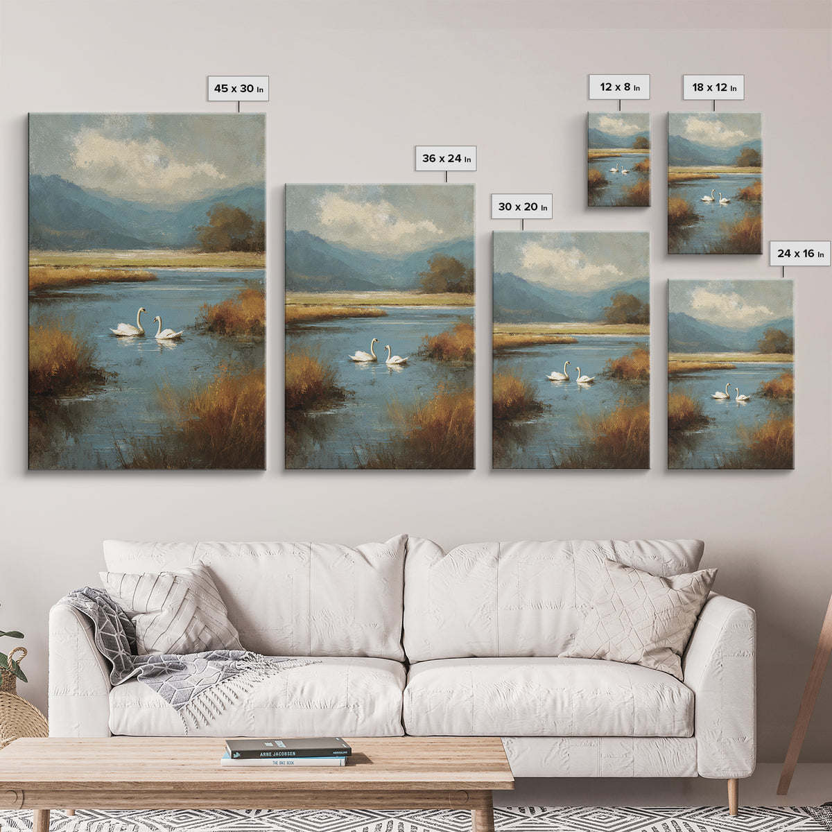 Paired Swans in a Dreamy Painterly Lake Canvas Print, Above Bed Art, Minimalist Decor, Bedroom Decor, Fine Art, Serenity, ABA-2x3-54