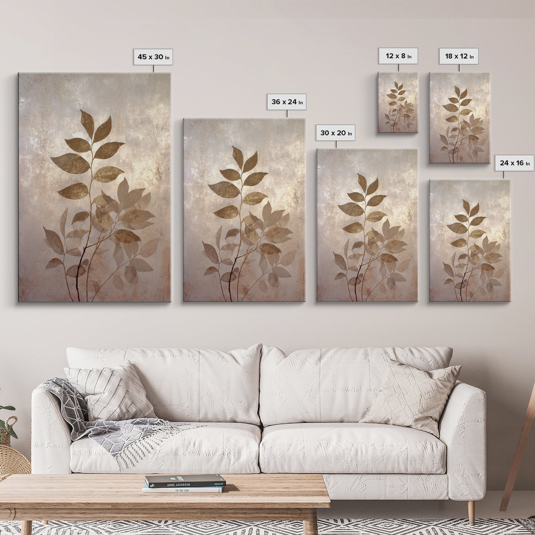 Tonal Botanical Shadows on Plaster Surface Framed Canvas Print, Above Bed Art, Bedroom Decor, Oil Painting, Serenity, ABA-2x3-55