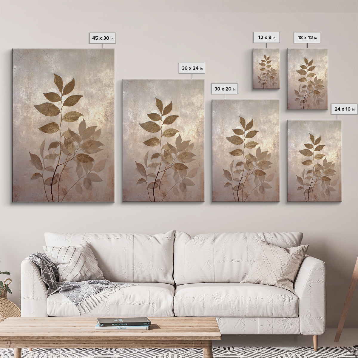 Tonal Botanical Shadows on Plaster Surface Framed Canvas Print, Above Bed Art, Bedroom Decor, Oil Painting, Serenity, ABA-2x3-55
