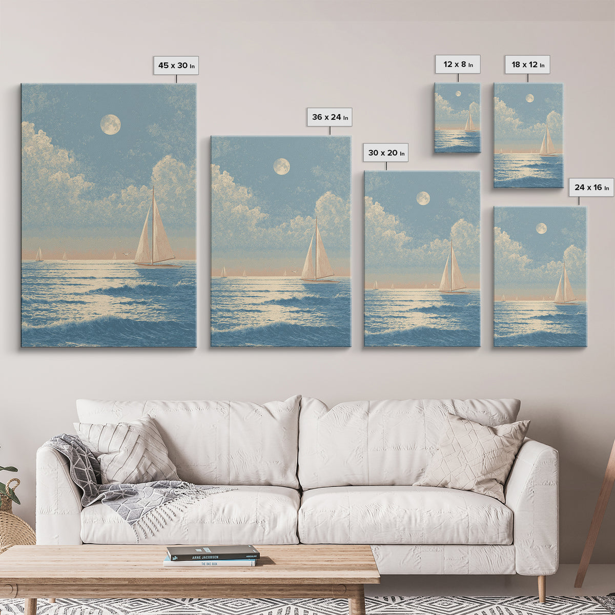 Quiet Moon over a Calm Ocean Horizon Framed Canvas Print, Above Bed Art, Digital Art, Bedroom Decor, Fine Art, Serenity, ABA-2x3-59