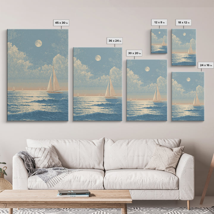 Quiet Moon over a Calm Ocean Horizon Framed Canvas Print, Above Bed Art, Digital Art, Bedroom Decor, Fine Art, Serenity, ABA-2x3-59
