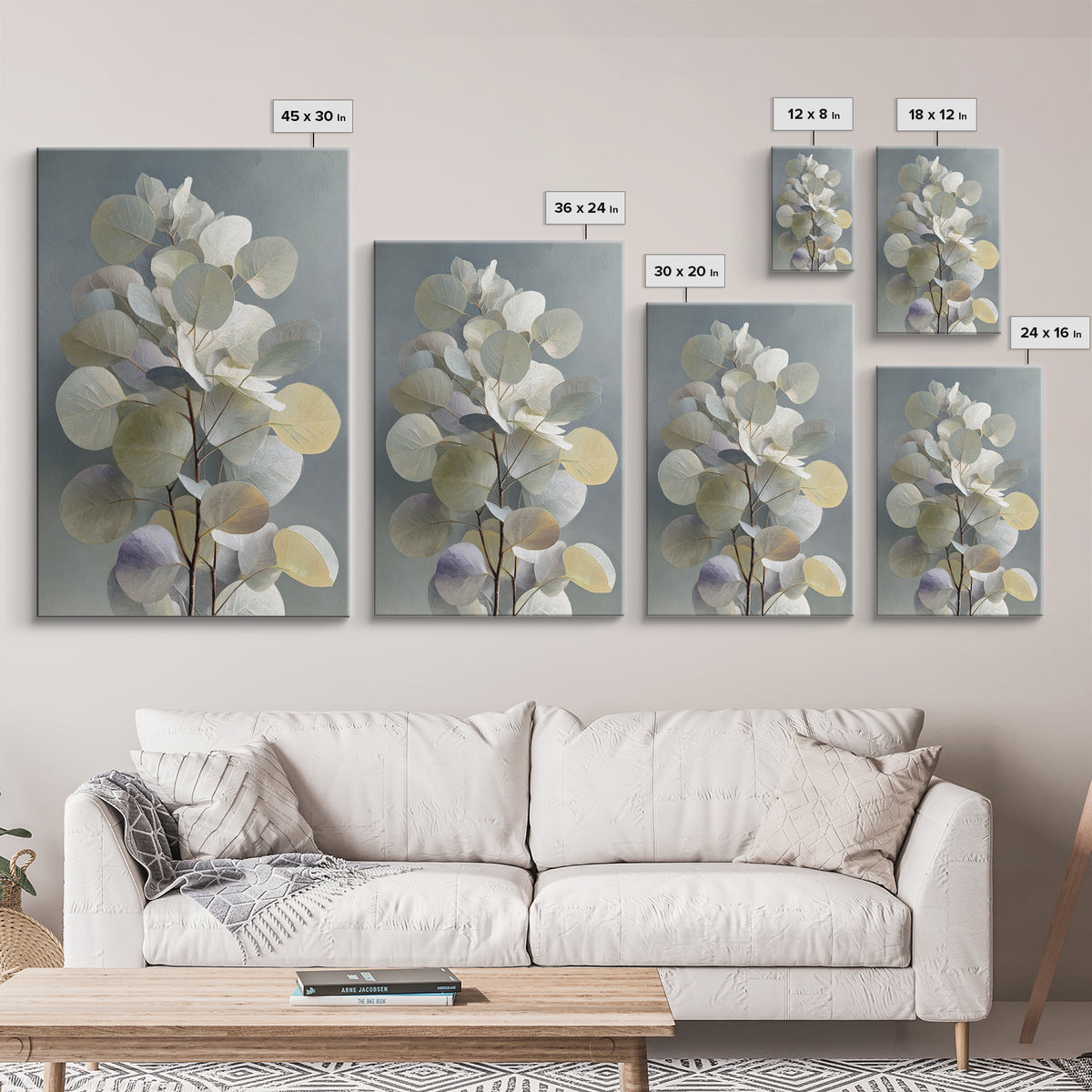 Soft Eucalyptus Branches Arranged Symmetrically Canvas Print, Above Bed Art, Mid Century Modern, Bedroom Decor, Serenity, ABA-2x3-62