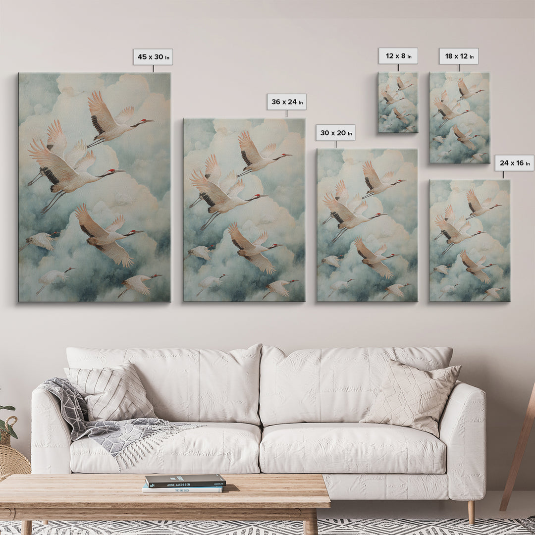 Ethereal Cranes Flying Through Pale Morning Mist Canvas Print, Above Bed Art, Canvas Wall Art, Bedroom Decor, Serenity, ABA-2x3-65