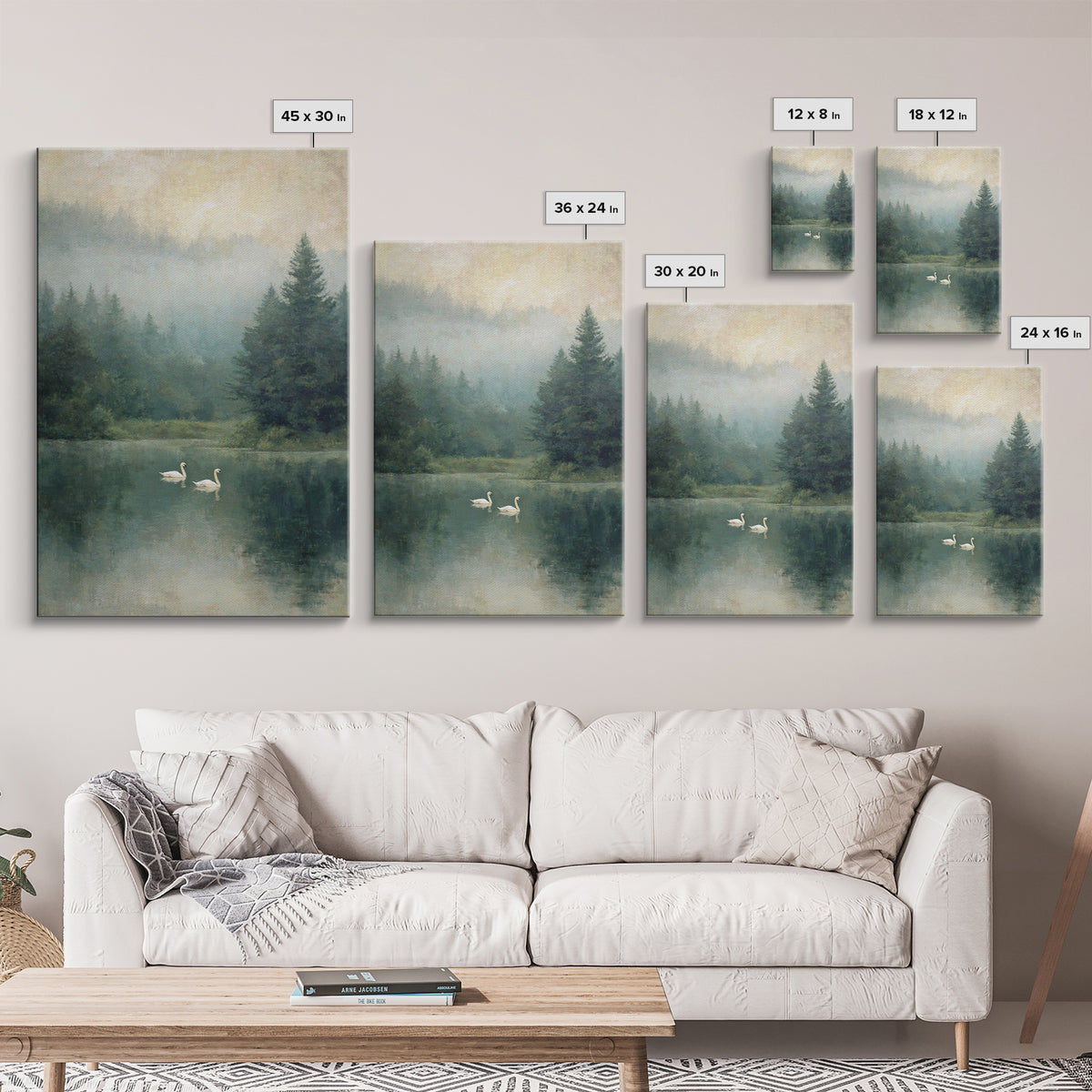 Paired Swans in a Dreamy Painterly Lake Framed Canvas Print, Above Bed Art, Printable Wall Art, Bedroom Decor, Serenity, ABA-2x3-78