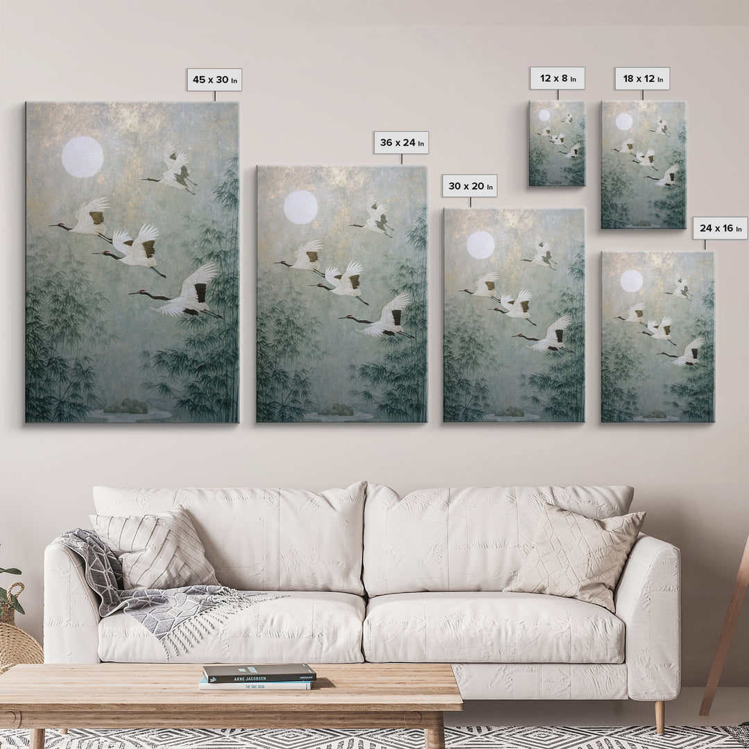 Ethereal Cranes Flying Through Pale Morning Mist Canvas Print, Above Bed Art, Living Room Decor, Bedroom Decor, Serenity, ABA-2x3-89