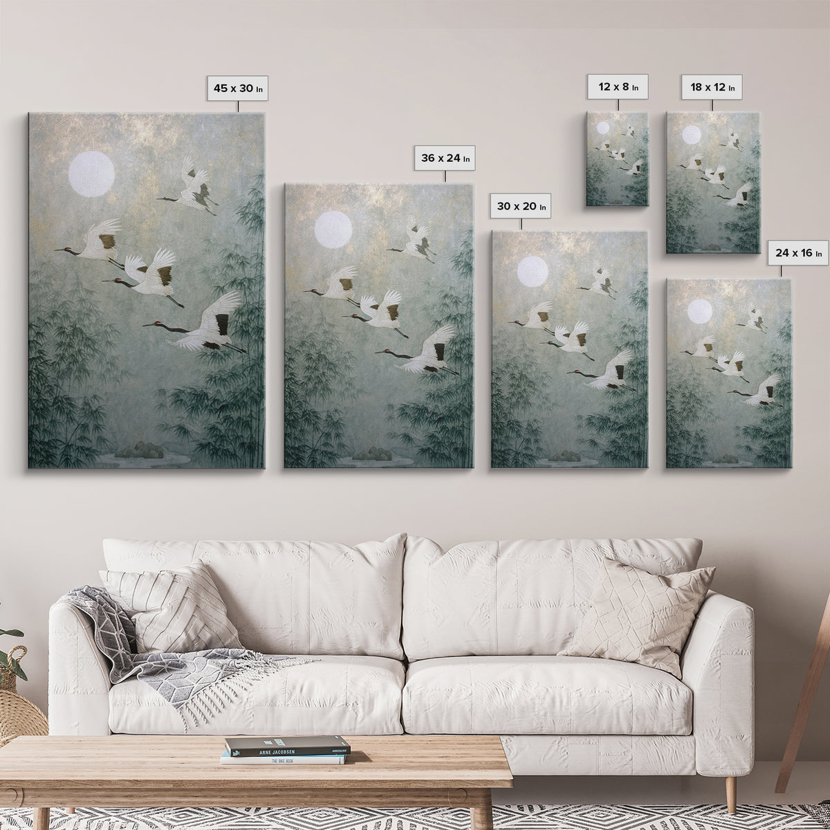 Ethereal Cranes Flying Through Pale Morning Mist Canvas Print, Above Bed Art, Living Room Decor, Bedroom Decor, Serenity, ABA-2x3-89