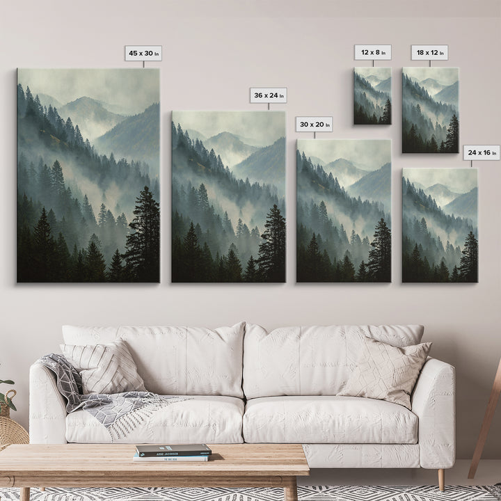 Quiet Forest Ridge Softened by Fog Framed Canvas Print, Above Bed Art, Large Wall Art, Bedroom Decor, Fine Art, Serenity, ABA-2x3-94