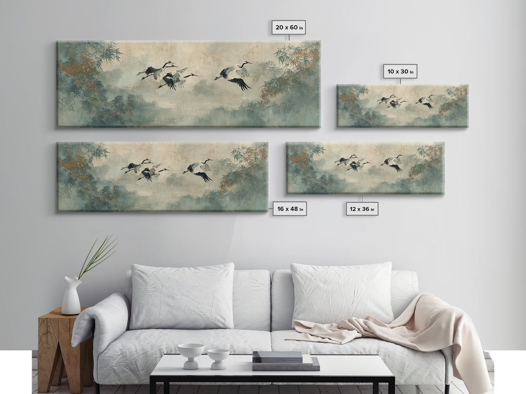 Ethereal Cranes Flying Through Pale Morning Mist Framed Canvas Print, Above Bed Art, Apartment Decor, Bedroom Decor, Serenity, ABA-3x1-1