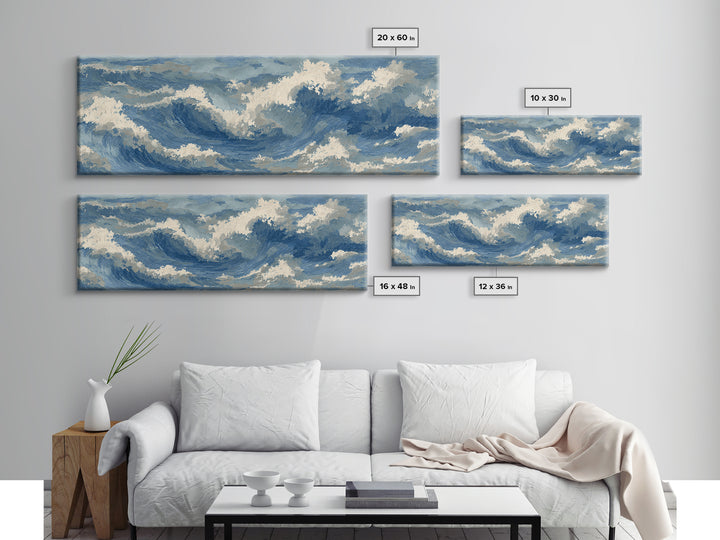Serene Ocean Tide Seen from Above Canvas Print, Above Bed Art, Bedroom Decor, Oil Painting, Serenity, Boho Decor, Western Decor, ABA-3x1-13
