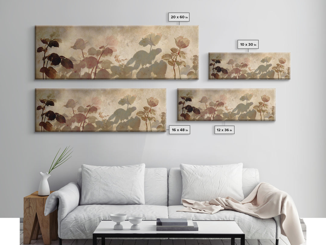 Tonal Botanical Shadows on Plaster Surface Framed Canvas Print, Above Bed Art, 3 Piece Wall Art, Bedroom Decor, Serenity, ABA-3x1-15