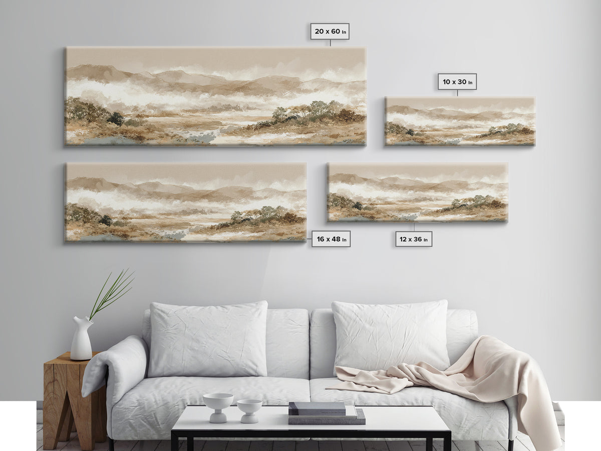 Panoramic Misty Mountain Landscape Framed Canvas Print, Above Bed Art, Boho Wall Art, Bedroom Decor, Fine Art, Serenity, ABA-3x1-17