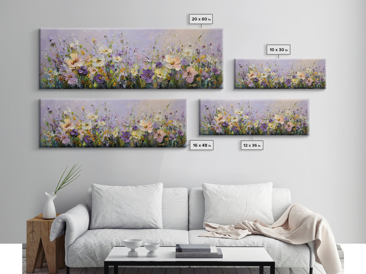 Wide Meadow of Muted Wildflowers at Dusk Framed Canvas Print, Above Bed Art, Bedroom Decor, Watercolor Art, Serenity, ABA-3x1-2