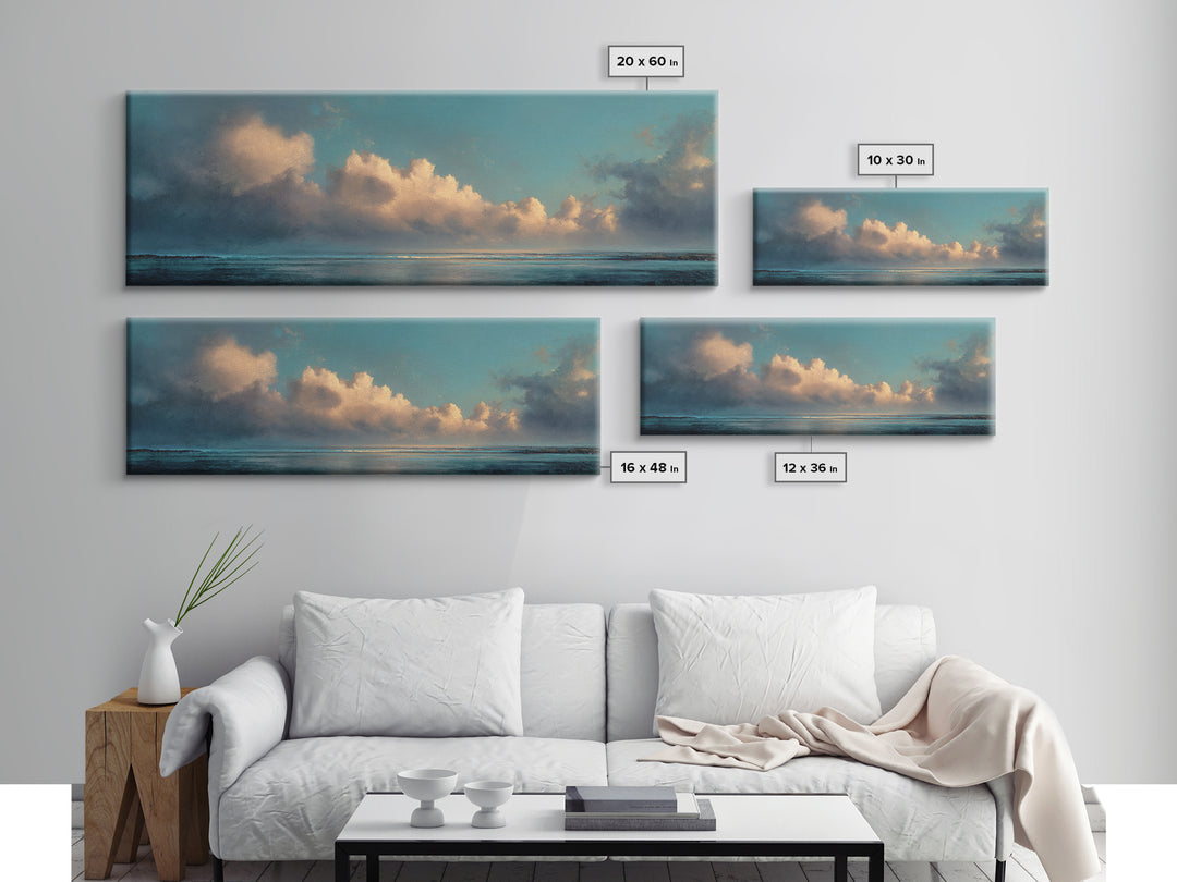 Tranquil Cloudscape with Blush Undertones Canvas Print, Above Bed Art, Horizontal Wall Art, Bedroom Decor, Fine Art, Serenity, ABA-3x1-21