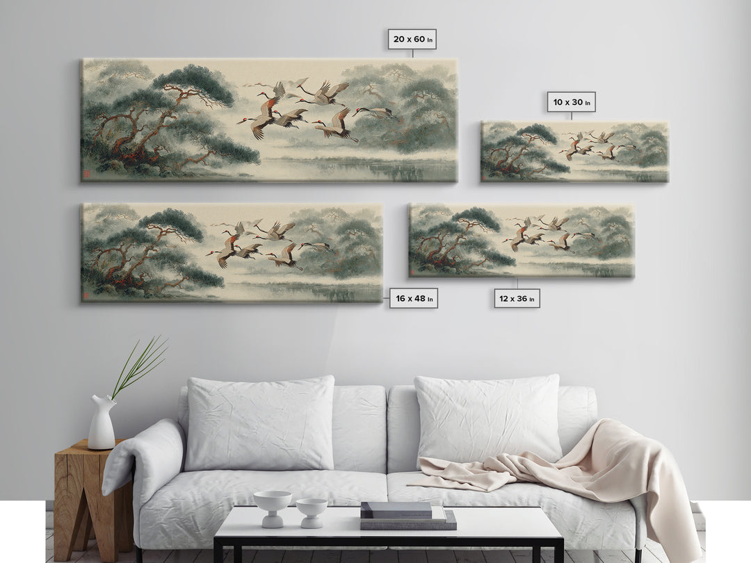 Ethereal Cranes Flying Through Pale Morning Mist Canvas Print, Above Bed Art, Dopamine Decor, Bedroom Decor, Abstract Art, ABA-3x1-25