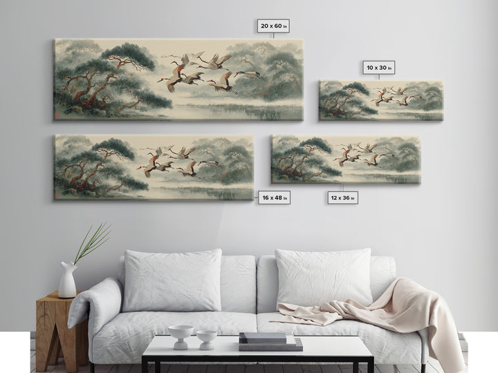 Ethereal Cranes Flying Through Pale Morning Mist Canvas Print, Above Bed Art, Dopamine Decor, Bedroom Decor, Abstract Art, ABA-3x1-25