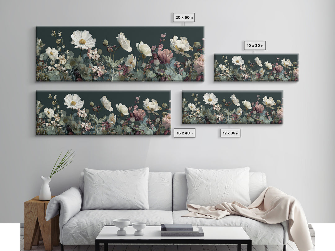 Wide Meadow of Muted Wildflowers at Dusk Canvas Print, Above Bed Art, Bedroom Decor, Serenity, Boho Decor, Western Decor, ABA-3x1-26