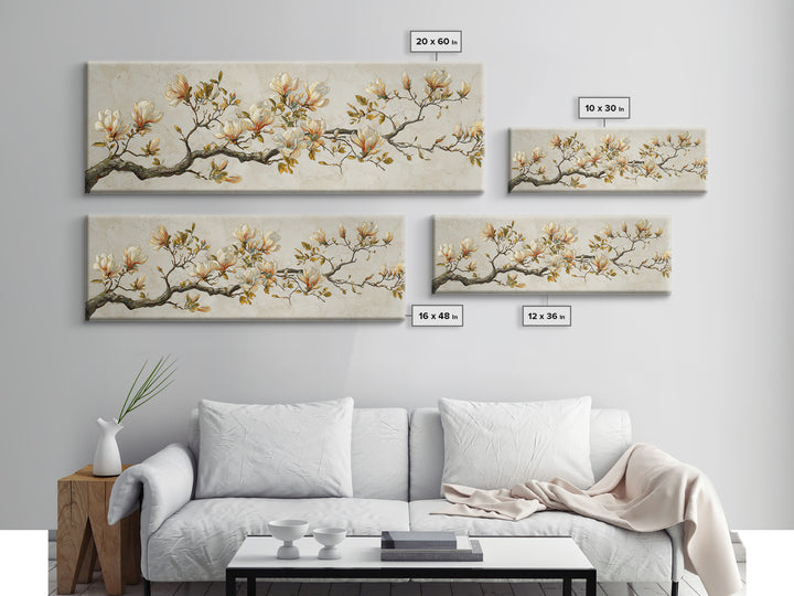 Delicate Magnolia Branch on Cream Background Framed Canvas Print, Above Bed Art, Bedroom Wall Decor, Bedroom Decor, Serenity, ABA-3x1-32