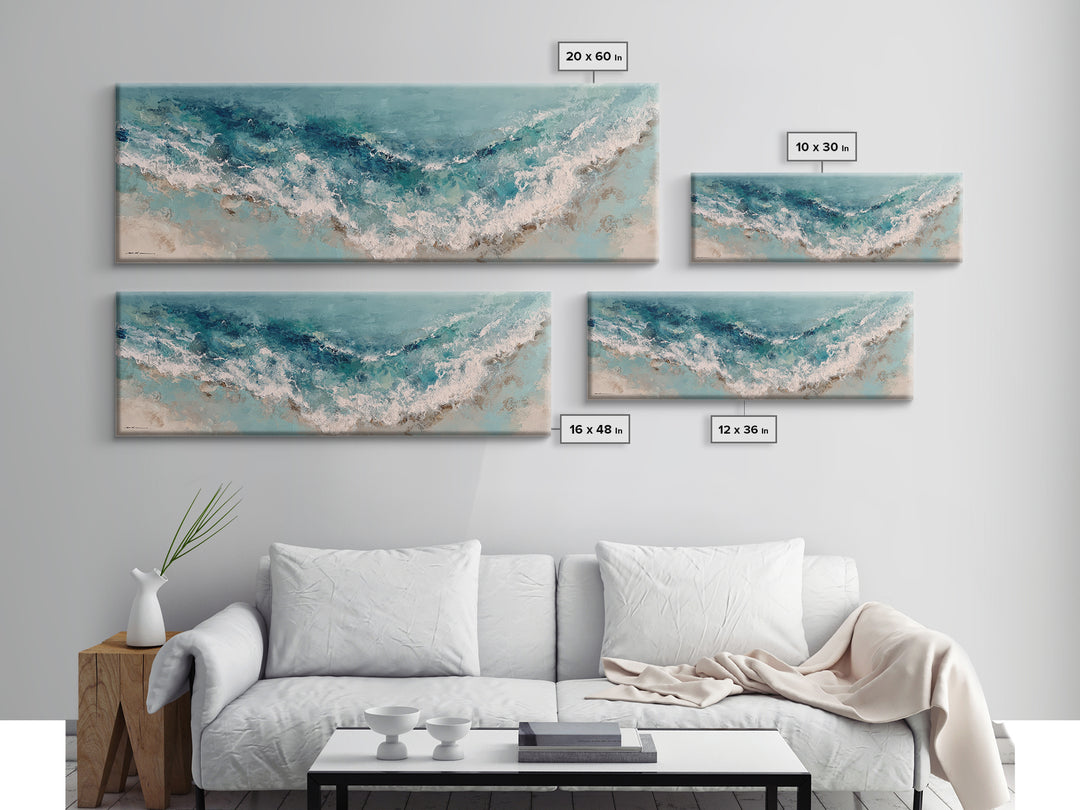 Serene Ocean Tide Seen from Above Framed Canvas Print, Above Bed Art, Whimsical Decor, Bedroom Decor, Fine Art, Serenity, ABA-3x1-37