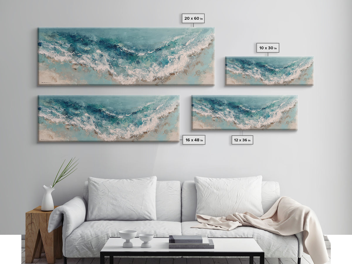 Serene Ocean Tide Seen from Above Framed Canvas Print, Above Bed Art, Whimsical Decor, Bedroom Decor, Fine Art, Serenity, ABA-3x1-37