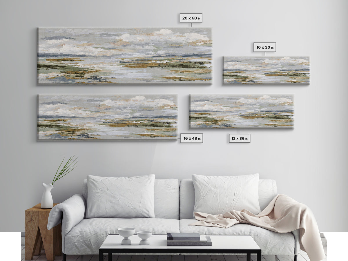 Tranquil Cloudscape with Blush Undertones Canvas Print, Above Bed Art, Horizontal Wall Art, Bedroom Decor, Fine Art, Serenity, ABA-3x1-45