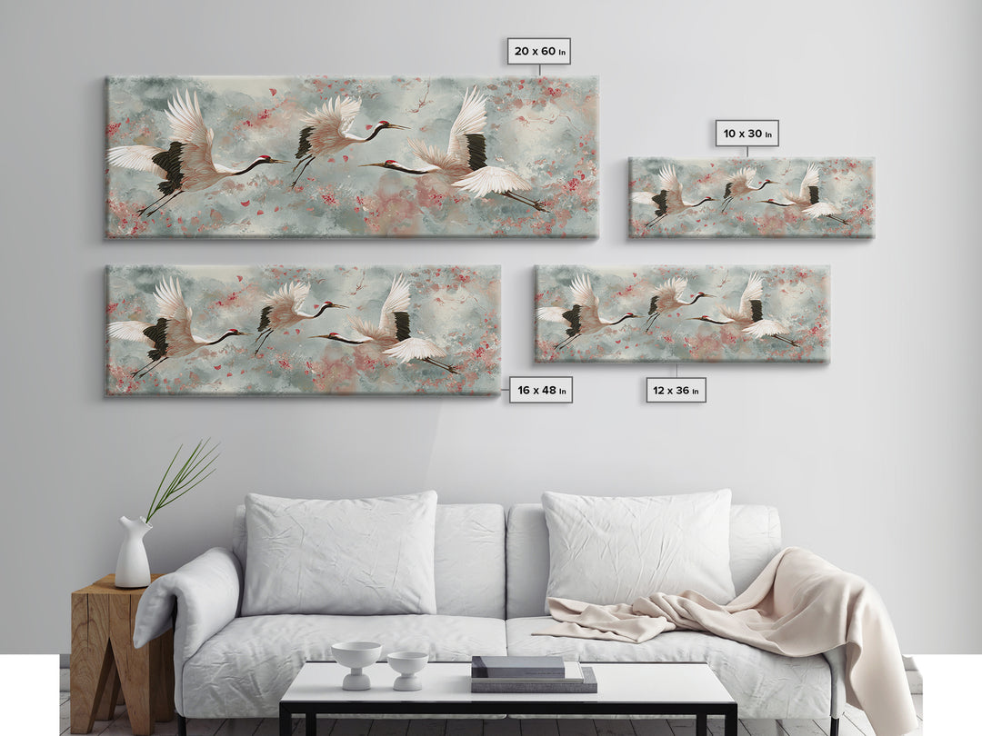 Ethereal Cranes Flying Through Pale Morning Mist Canvas Print, Above Bed Art, Dopamine Decor, Bedroom Decor, Abstract Art, ABA-3x1-49