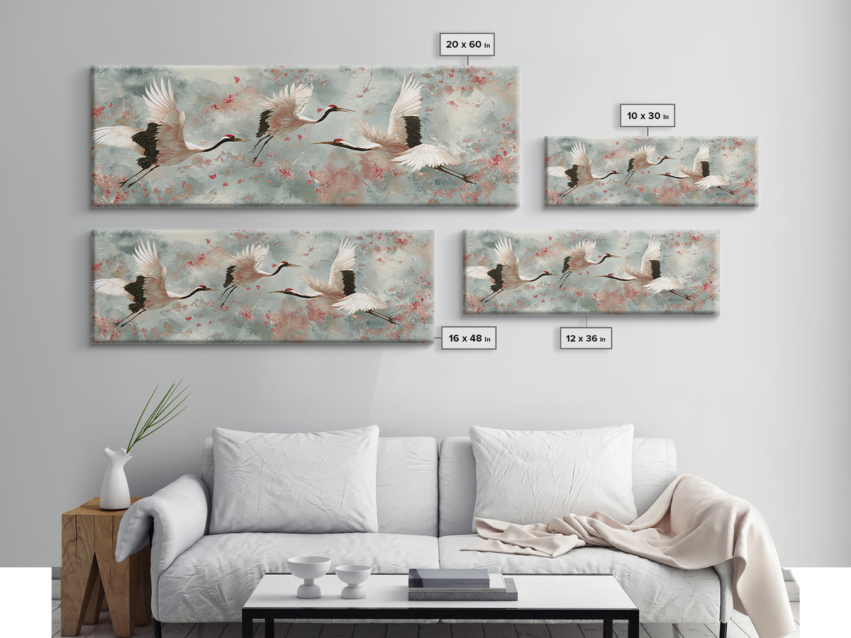 Ethereal Cranes Flying Through Pale Morning Mist Canvas Print, Above Bed Art, Dopamine Decor, Bedroom Decor, Abstract Art, ABA-3x1-49