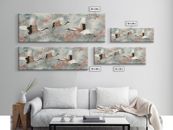 Ethereal Cranes Flying Through Pale Morning Mist Canvas Print, Above Bed Art, Dopamine Decor, Bedroom Decor, Abstract Art, ABA-3x1-49