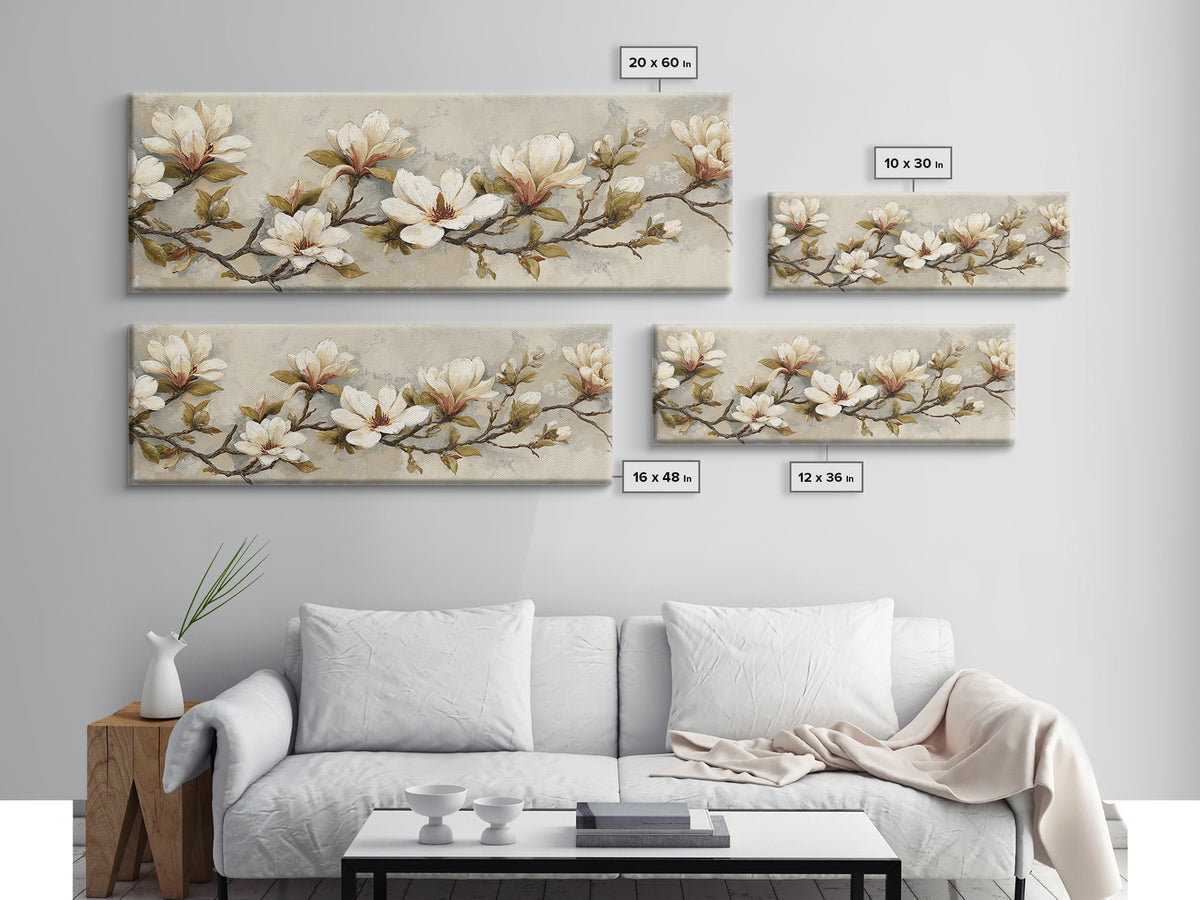 Delicate Magnolia Branch on Cream Background Canvas Print, Above Bed Art, Textured Painting, Bedroom Decor, Serenity, ABA-3x1-56
