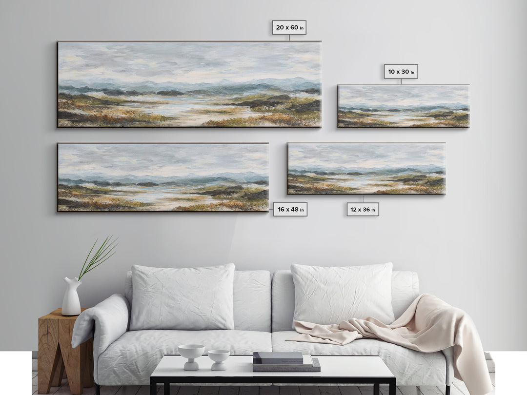 Soft Romantic Landscape Framed Canvas Print, Above Bed Art, Sage Green Wall Art, Bedroom Decor, Serenity, Modern Decor, ABA-3x1-57