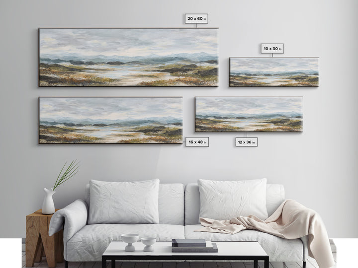 Soft Romantic Landscape Framed Canvas Print, Above Bed Art, Sage Green Wall Art, Bedroom Decor, Serenity, Modern Decor, ABA-3x1-57