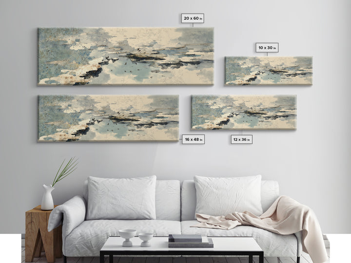 Japandi Ink Shapes Framed Canvas Print, Above Bed Art, Digital Print, Bedroom Decor, Fine Art, Serenity, Living Room Wall Art, ABA-3x1-58