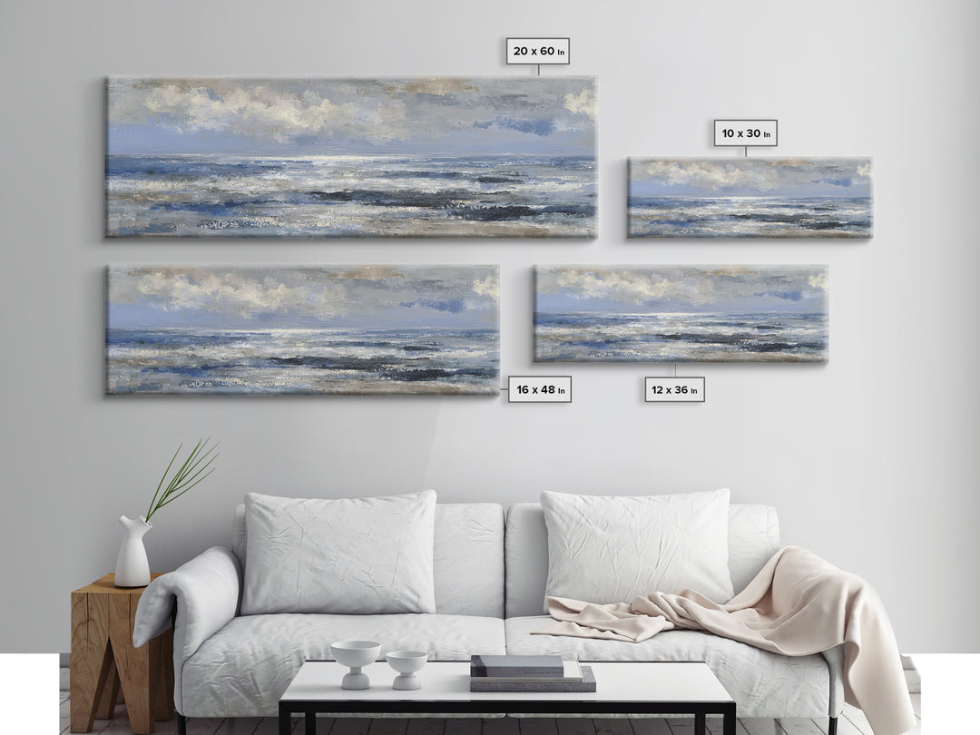 Quiet Moon over a Calm Ocean Horizon Framed Canvas Print, Above Bed Art, Large Wall Art, Bedroom Decor, Fine Art, Serenity, ABA-3x1-67