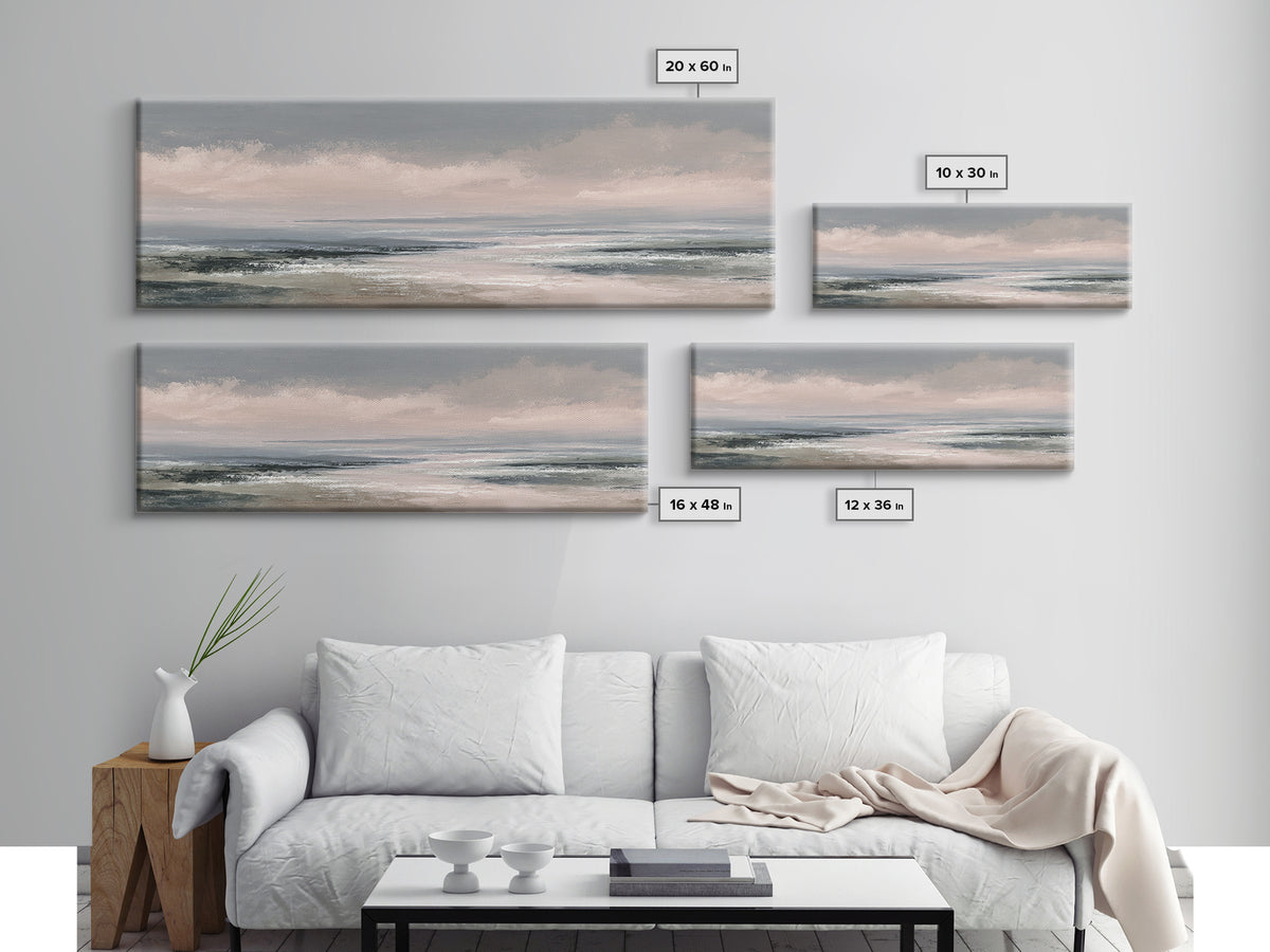 Tranquil Cloudscape with Blush Undertones Framed Canvas Print, Above Bed Art, Western Decor, Bedroom Decor, Fine Art, Serenity, ABA-3x1-69