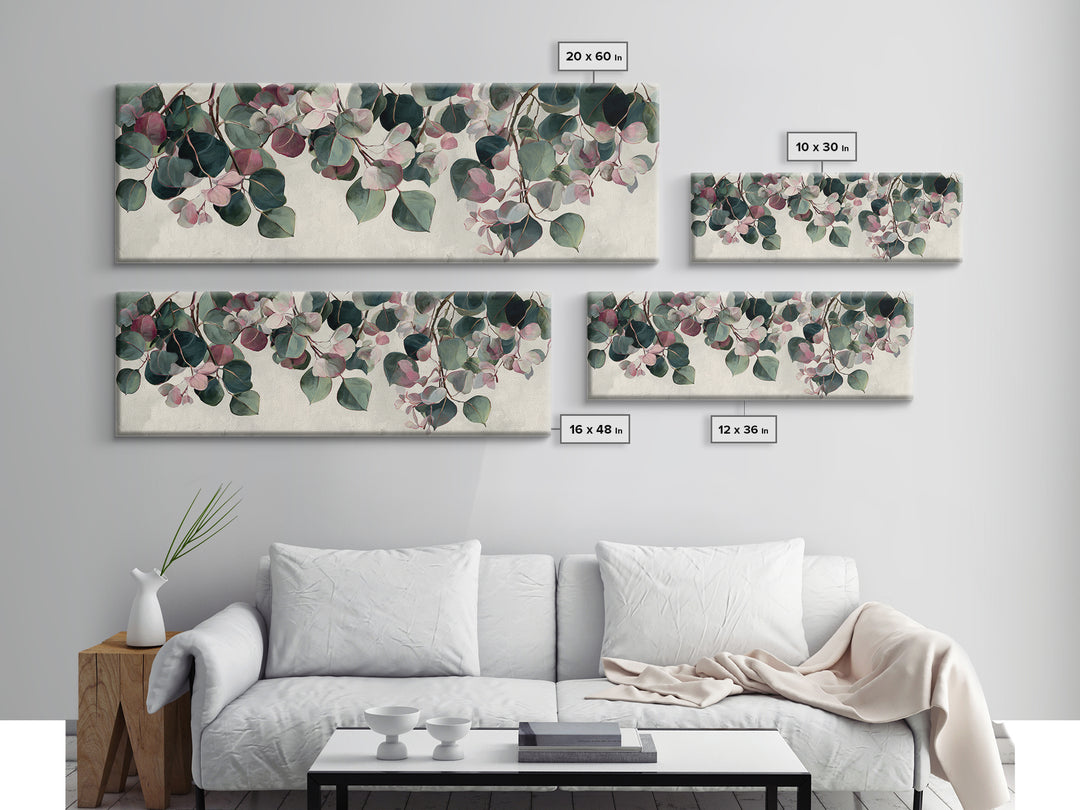 Soft Eucalyptus Branches Arranged Symmetrically Canvas Print, Above Bed Art, Art Print, Bedroom Decor, Watercolor Art, Serenity, ABA-3x1-70