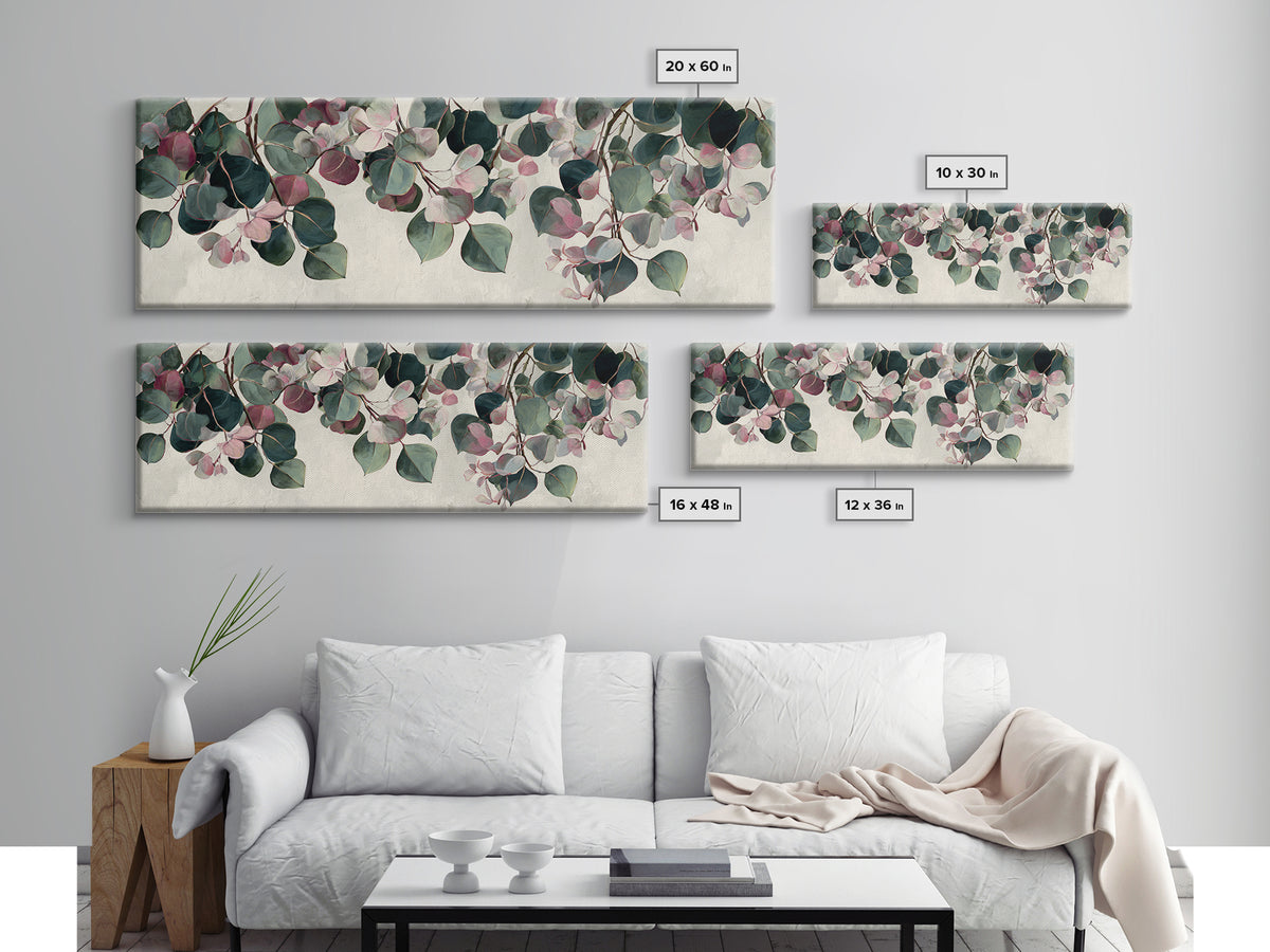 Soft Eucalyptus Branches Arranged Symmetrically Canvas Print, Above Bed Art, Art Print, Bedroom Decor, Watercolor Art, Serenity, ABA-3x1-70
