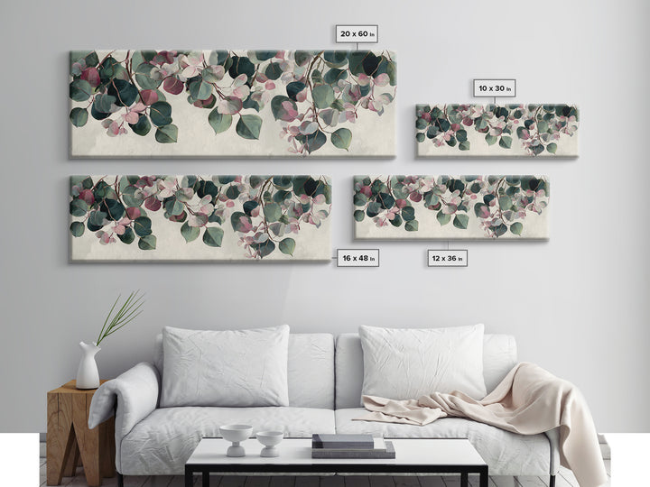 Soft Eucalyptus Branches Arranged Symmetrically Canvas Print, Above Bed Art, Art Print, Bedroom Decor, Watercolor Art, Serenity, ABA-3x1-70