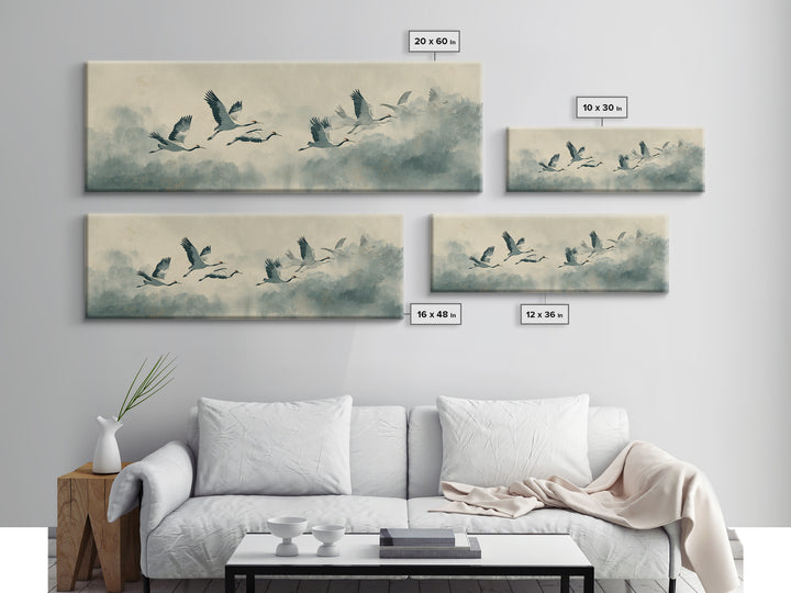 Ethereal Cranes Flying Through Pale Morning Mist Canvas Print, Above Bed Art, Living Room Wall Art, Bedroom Decor, Serenity, ABA-3x1-73