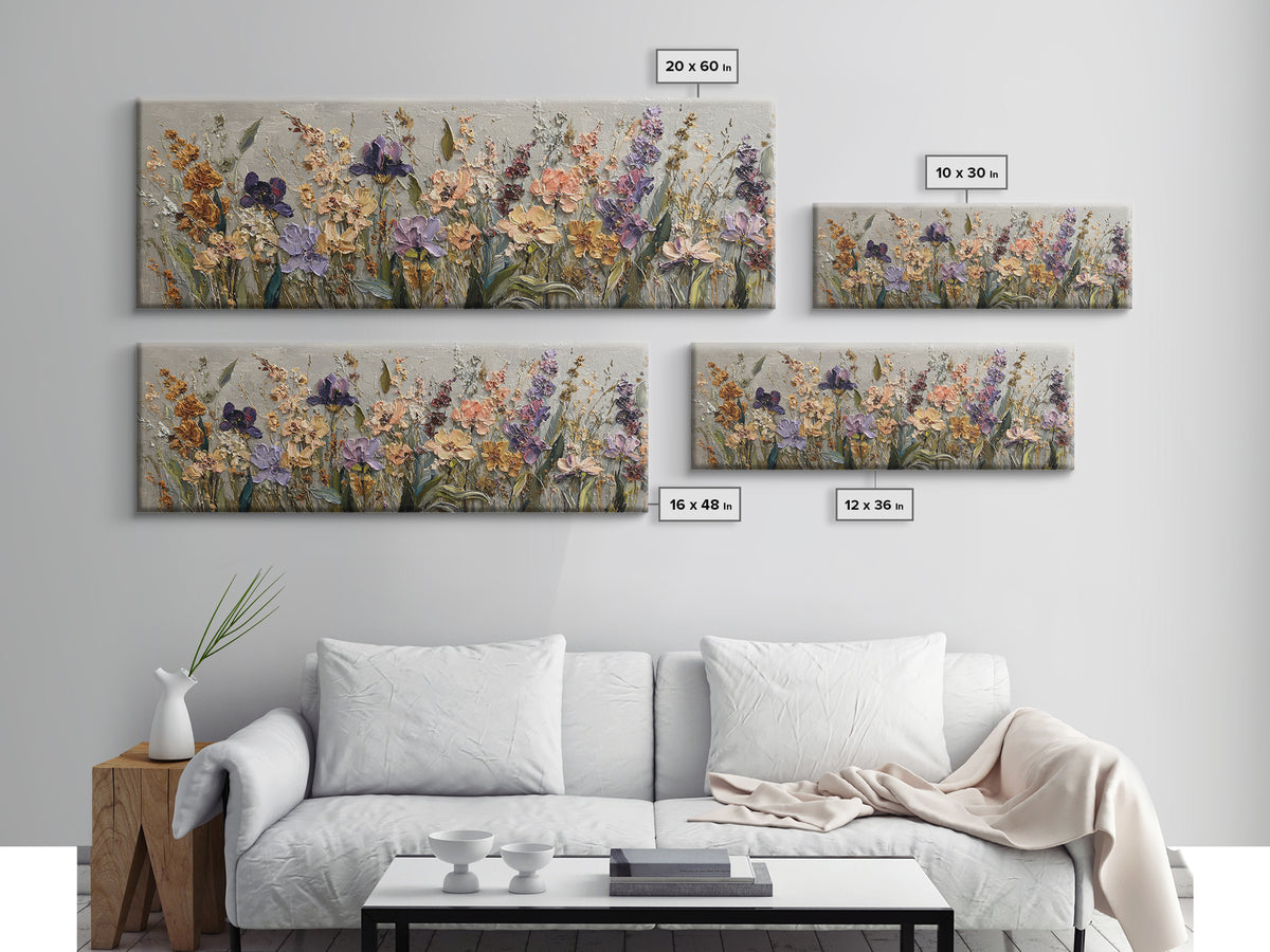 Wide Meadow of Muted Wildflowers at Dusk Framed Canvas Print, Above Bed Art, Whimsical Decor, Bedroom Decor, Fine Art, Serenity, ABA-3x1-74
