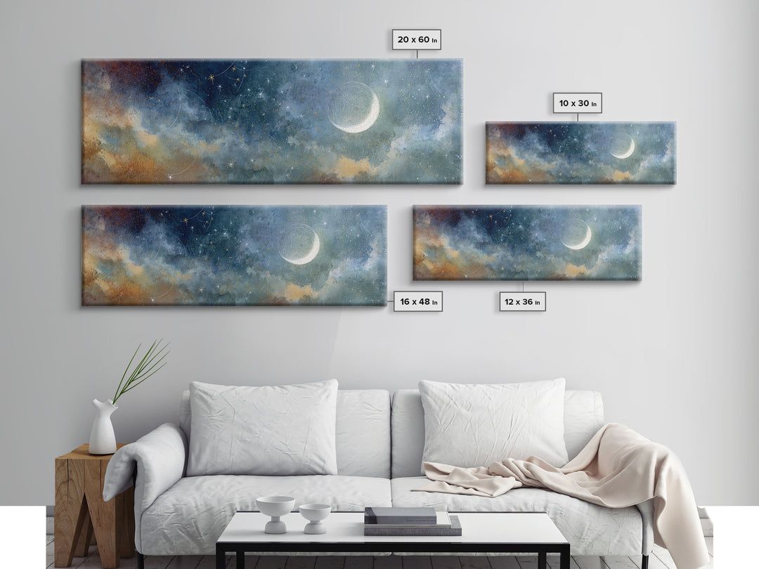 Subtle Celestial Scene Framed Canvas Print, Above Bed Art, Japanese Wall Art, Bedroom Decor, Fine Art, Serenity, Neutral Decor, ABA-3x1-77
