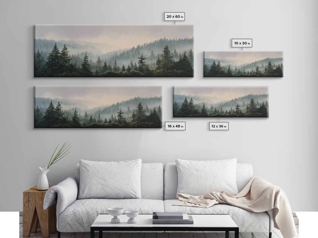 Quiet Forest Ridge Softened by Fog Canvas Print, Above Bed Art, Digital Prints, Bedroom Decor, Oil Painting, Serenity, ABA-3x1-78