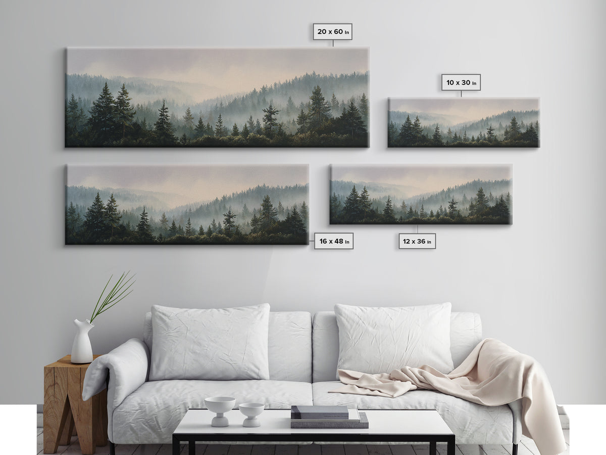 Quiet Forest Ridge Softened by Fog Canvas Print, Above Bed Art, Digital Prints, Bedroom Decor, Oil Painting, Serenity, ABA-3x1-78