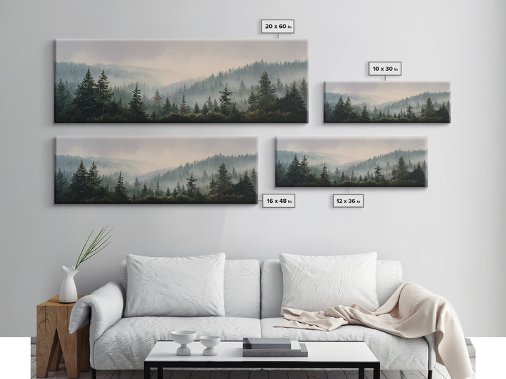Quiet Forest Ridge Softened by Fog Canvas Print, Above Bed Art, Digital Prints, Bedroom Decor, Oil Painting, Serenity, ABA-3x1-78