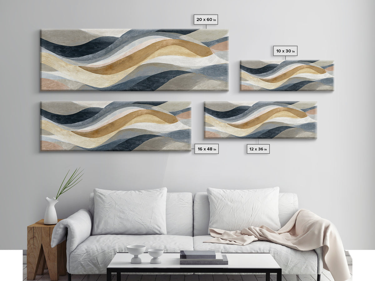 Warm Taupe Abstract Waves Framed Canvas Print, Above Bed Art, Bedroom Decor, Abstract Art, Serenity, Boho Decor, Western Decor, ABA-3x1-79