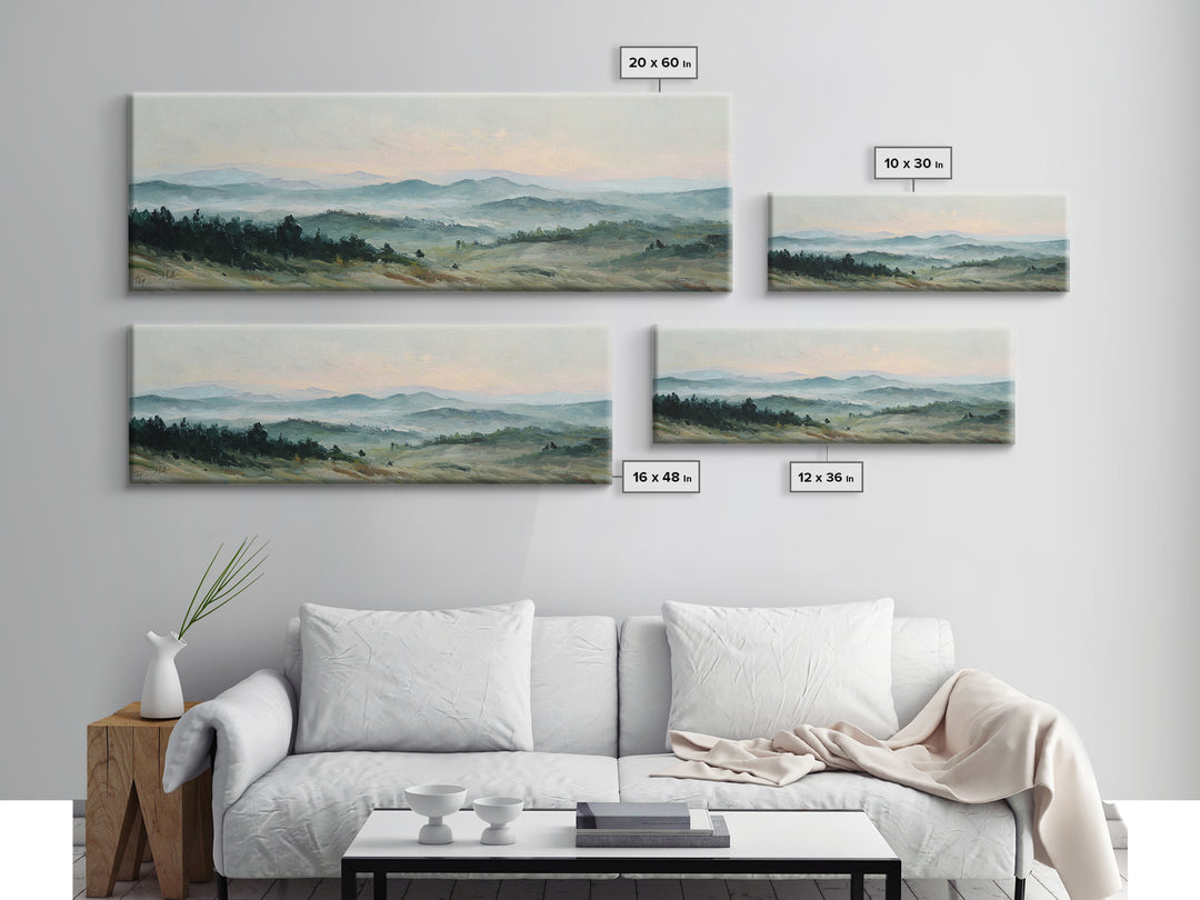 Soft Romantic Landscape Framed Canvas Print, Above Bed Art, Sage Green Wall Art, Bedroom Decor, Serenity, Modern Decor, ABA-3x1-81