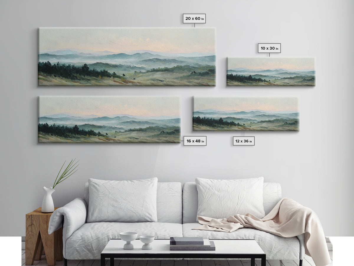 Soft Romantic Landscape Framed Canvas Print, Above Bed Art, Sage Green Wall Art, Bedroom Decor, Serenity, Modern Decor, ABA-3x1-81