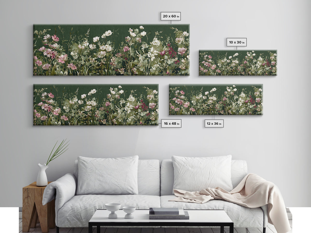 Wide Meadow of Muted Wildflowers at Dusk Canvas Print, Above Bed Art, Boho Wall Decor, Bedroom Decor, Oil Painting, Serenity, ABA-3x1-98