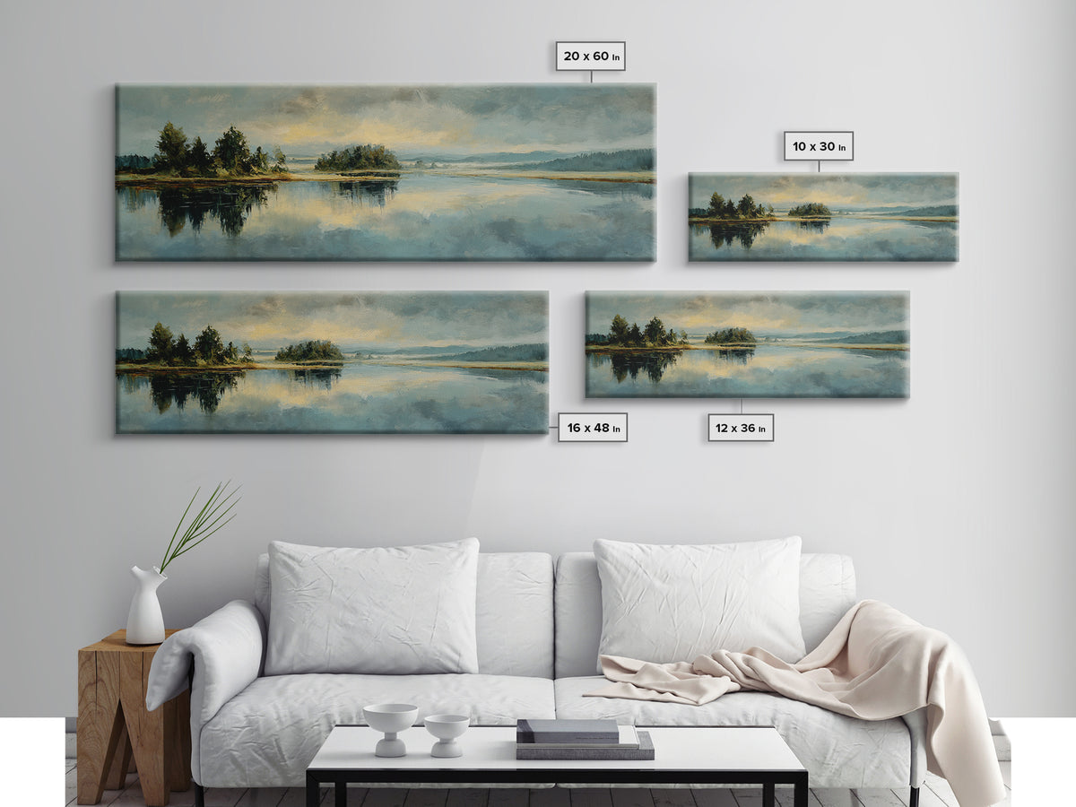 Calming Lake Reflection Framed Canvas Print, Above Bed Art, Bedroom Decor, Oil Painting, Serenity, Canvas Wall Art, ABA-3x1-99