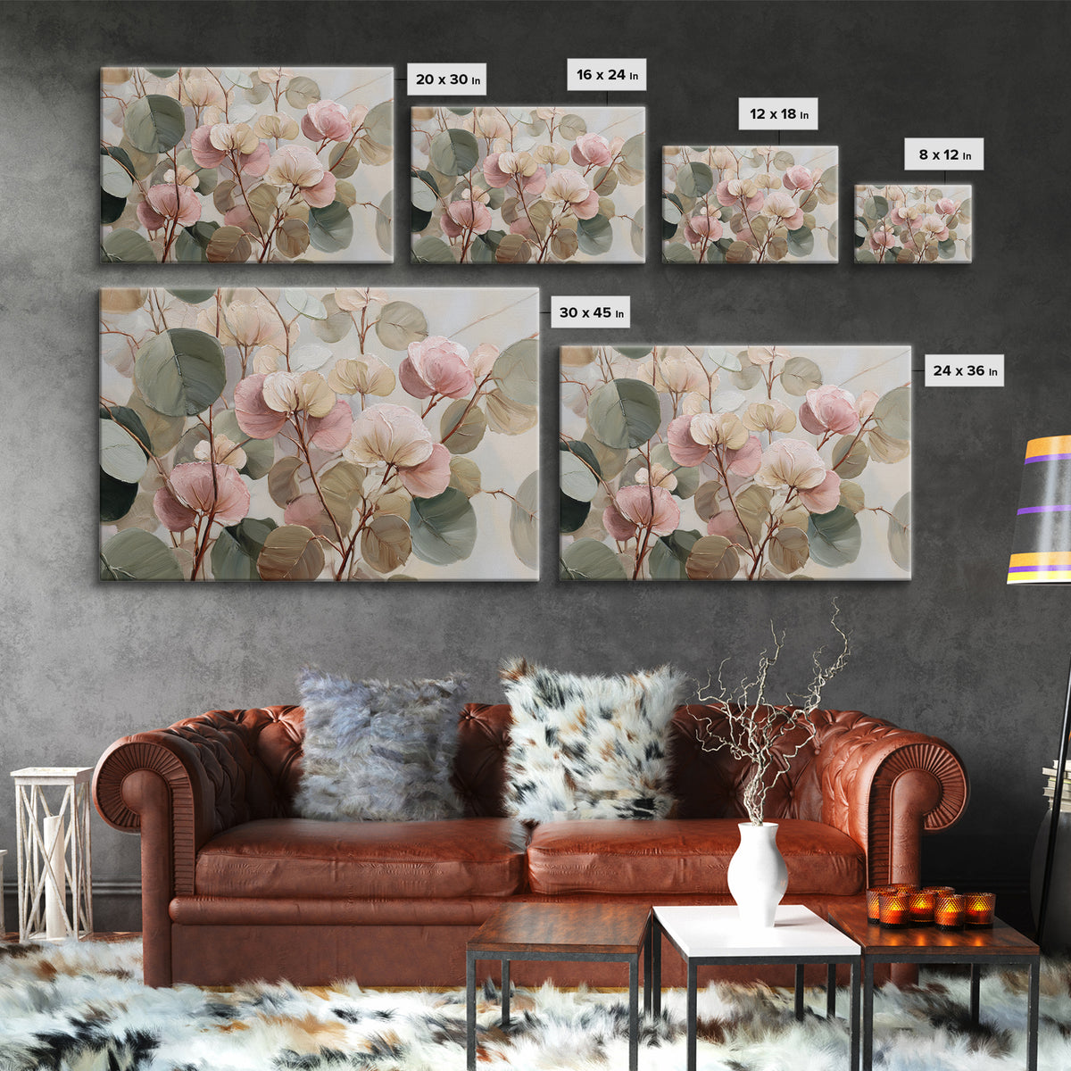 Soft Eucalyptus Branches Arranged Symmetrically Canvas Print, Above Bed Art, Textured Wall Art, Bedroom Decor, Serenity, ABA-3x2-10