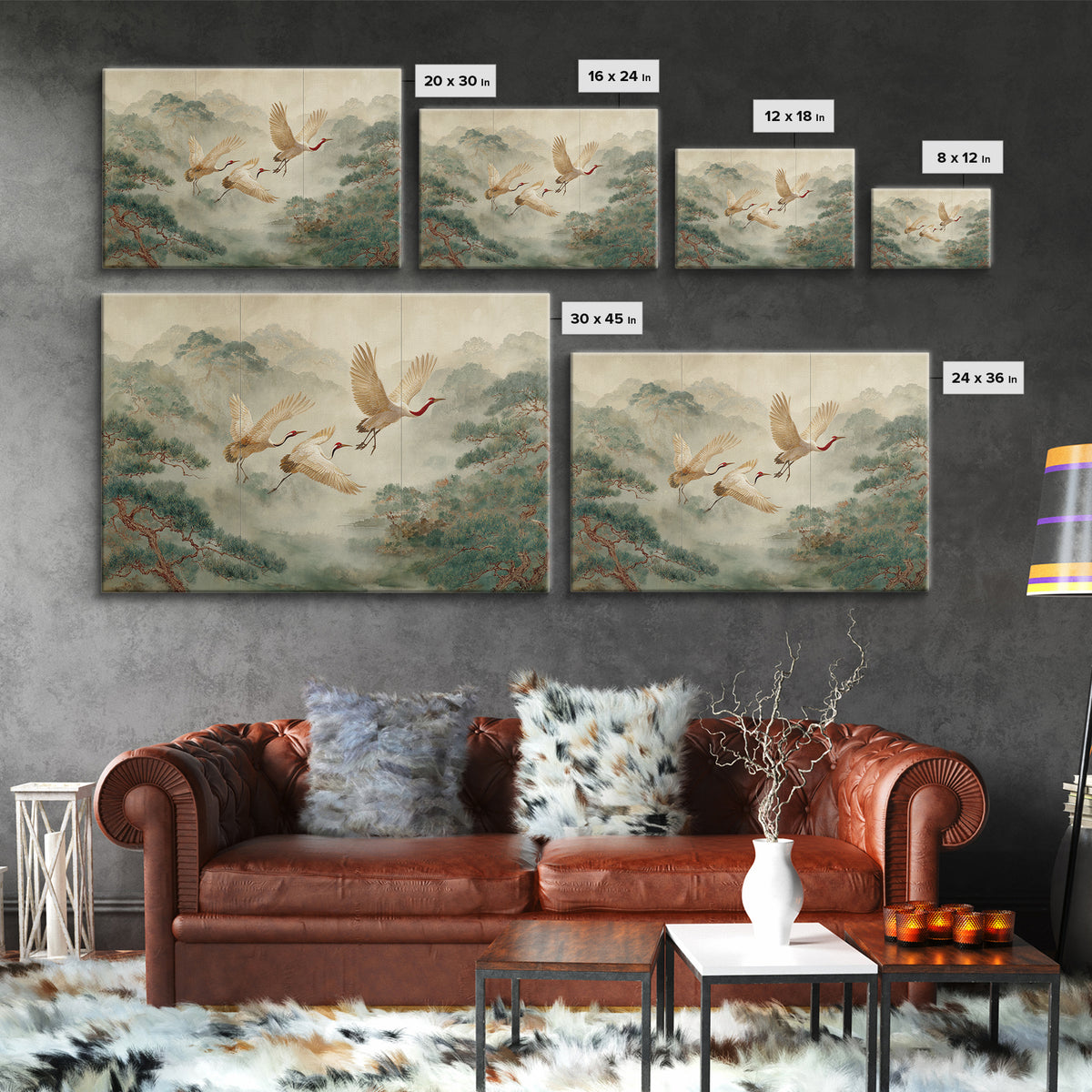 Ethereal Cranes Flying Through Pale Morning Mist Canvas Print, Above Bed Art, Living Room Decor, Bedroom Decor, Serenity, ABA-3x2-13