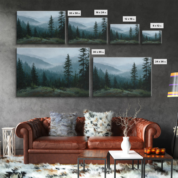 Quiet Forest Ridge Softened by Fog Framed Canvas Print, Above Bed Art, Large Wall Art, Bedroom Decor, Fine Art, Serenity, ABA-3x2-18